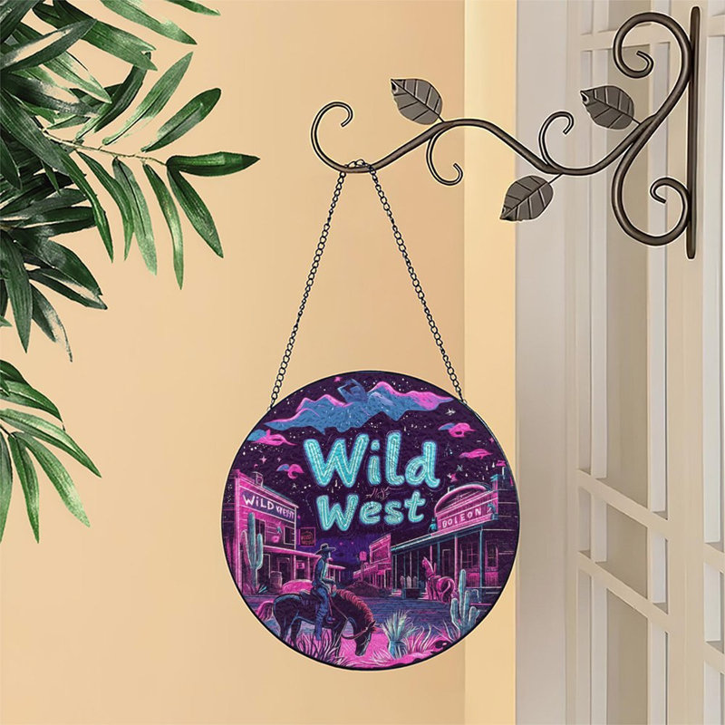 Panneau de vitrail Neon Wild West Town, 6,3 x 6,3 po (16 x 16 cm)