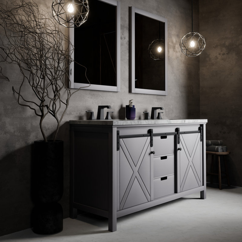 Marsyas 60 in W x 22 in D Double Bath Vanity, Faucet Set & 24 in Mirrors, Dark Gray, White Carrara Marble