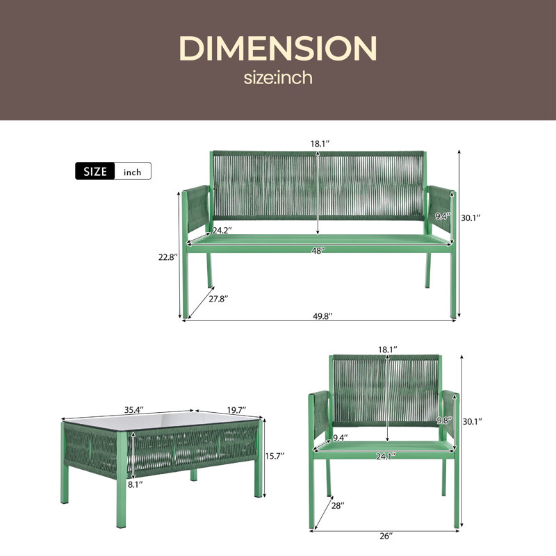Ensemble de conversation d'extérieur pour 4 personnes avec coussins Xariya, Vert, Jaune fluo