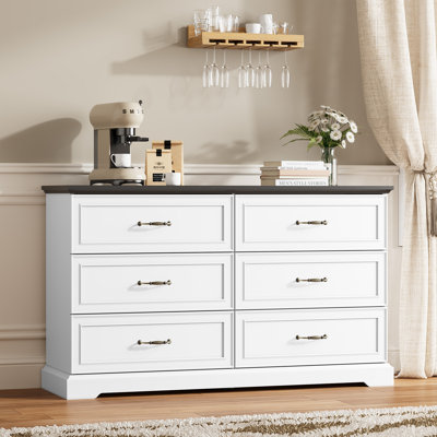 Chest of Drawers, Modern Farmhouse 6-Drawer Dresser, 63" Wide, Rustic Wood TV Stand for Living Room & Bedroom, with Deep Drawers, Metal Bar Handles & Anti-Tip Kit