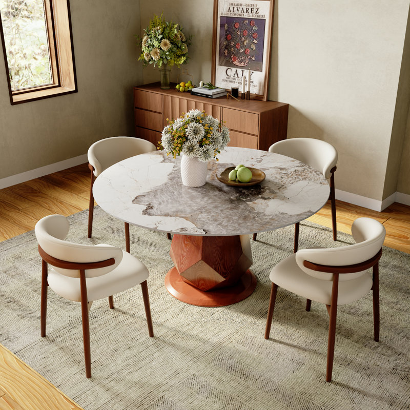 4/6/8 People Dining Room Set, Round Dining Table, Sintered Stone Tabletop & Solid Wood Pedestal, Plush Upholstered Chairs