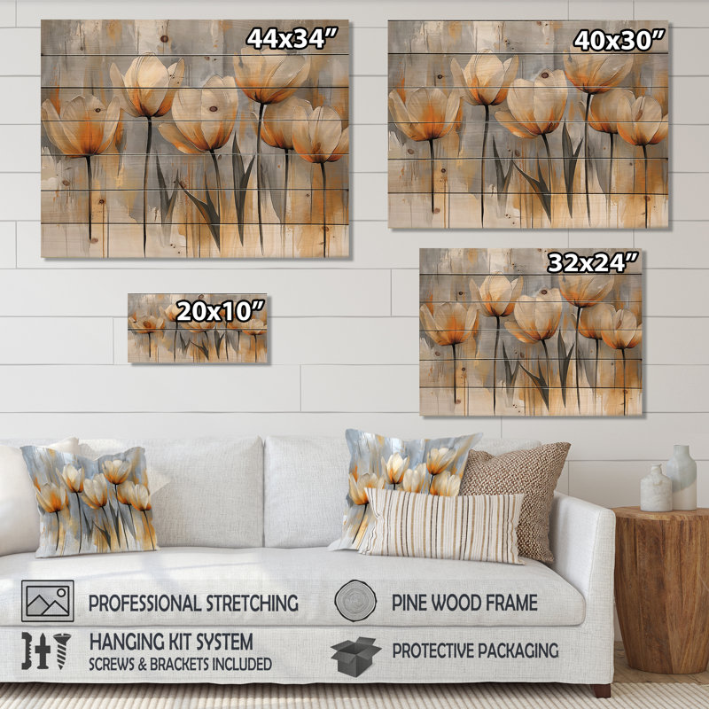 Winter Hues Tulips Field Horizon II - Tulips Wood Wall Art - On Natural Pine Wood, 24" H x 32" W x 0.78" D