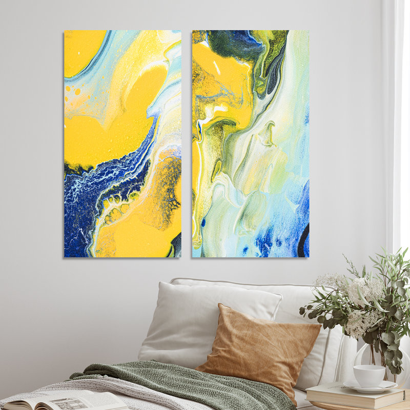 Art mural abstrait jaune et bleu - ensemble de 2 toiles murales, Toile tendue, H 20 po x l 24 po x P 1 po