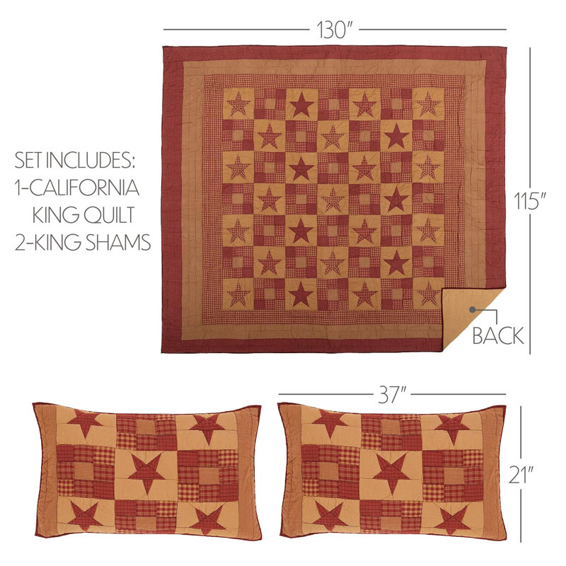 Ninepatch Star Cotton Patchwork Quilt, California King Quilt + 2 Shams
