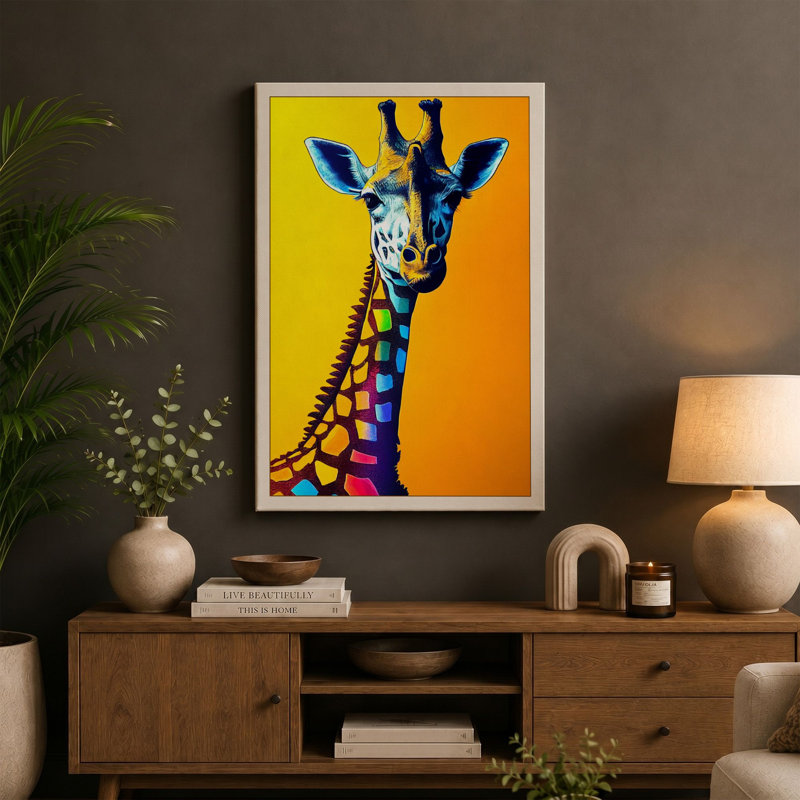 Pop Art Giraffe Modern 1 Piece Wrapped Canvas Wall Art, 30x20 - 76.2 x 50.8 cm, White Border