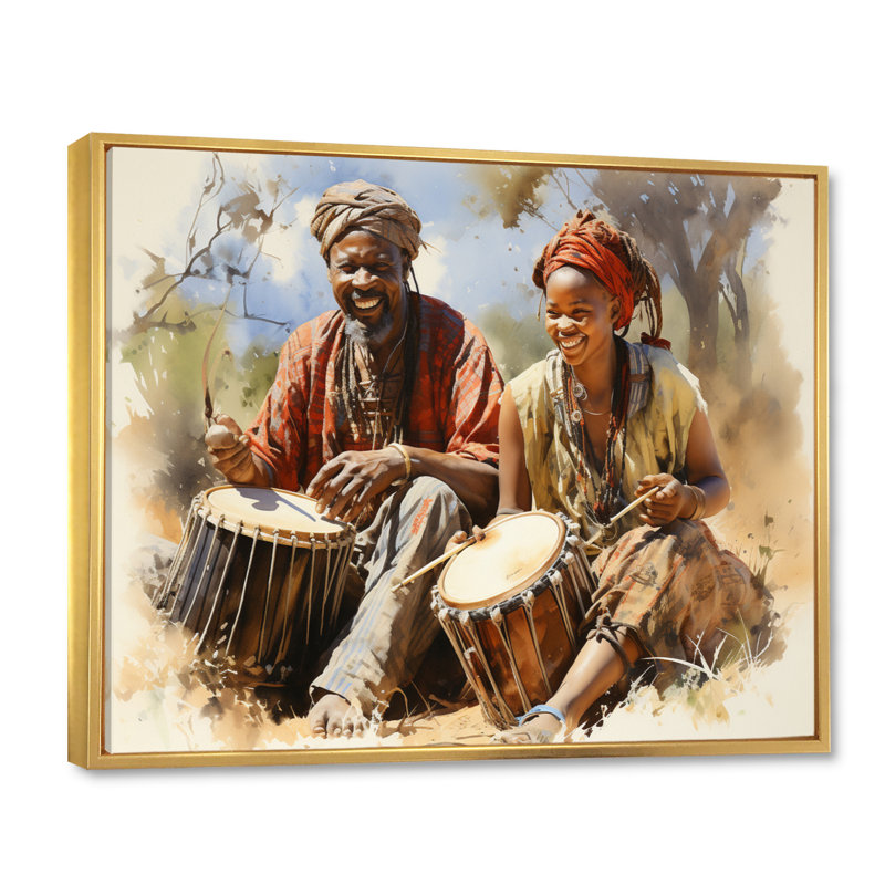 Tambours africain rythmique africain I - art mural africain, 12" H x 20" W, Gold Picture Framed