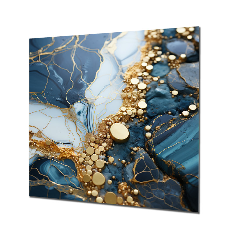 Or et art géométrique bleu VI - encre liquide, art mural abstrait en métal, H 16 po x l 16 po