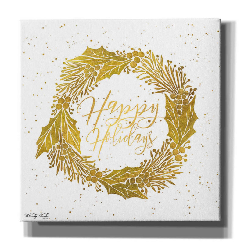 «Happy Holidays Golden Wreath» par Cindy Jacobs, art mural sur toile, H 18 po x l 18 po x P 0,75 po