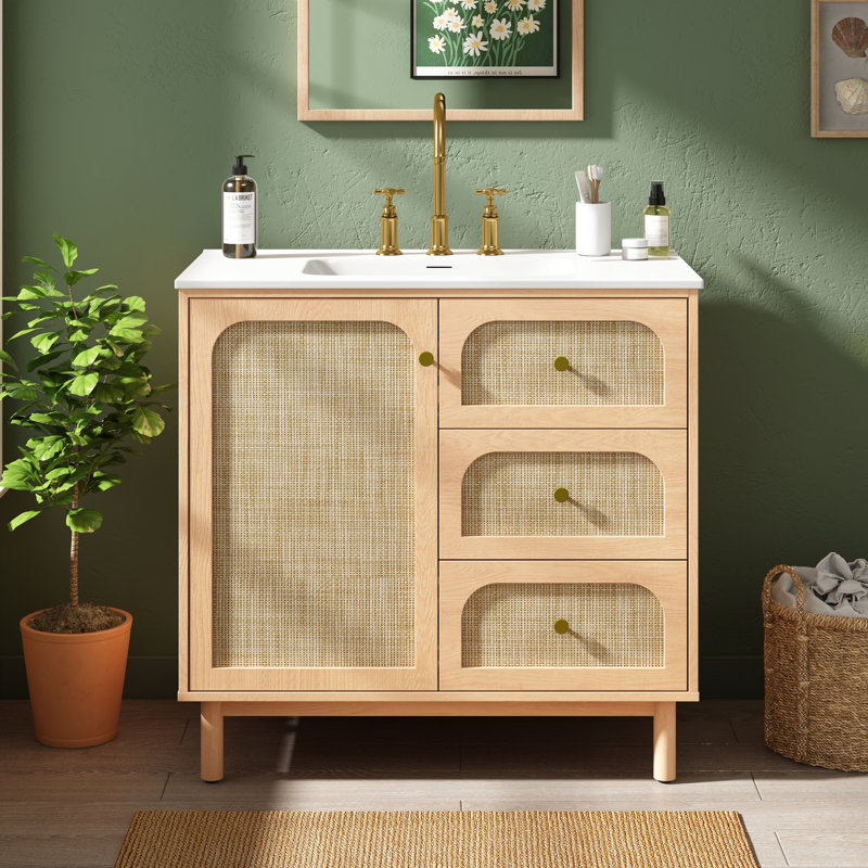 Meuble-lavabo moderne Driftwood de 91 cm de large avec lavabo en résine SMC, portes incrustées en rotin et rangements multizones pour une salle de bain digne d'un spa.