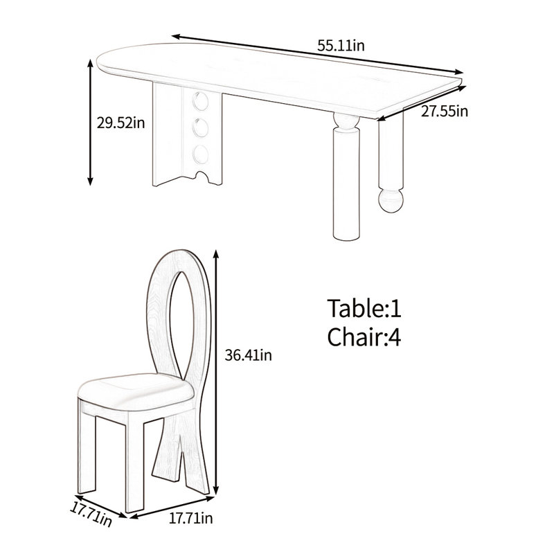 Creative solid wood table dining set, 29.52"H x 55.11"L x 27.55"W