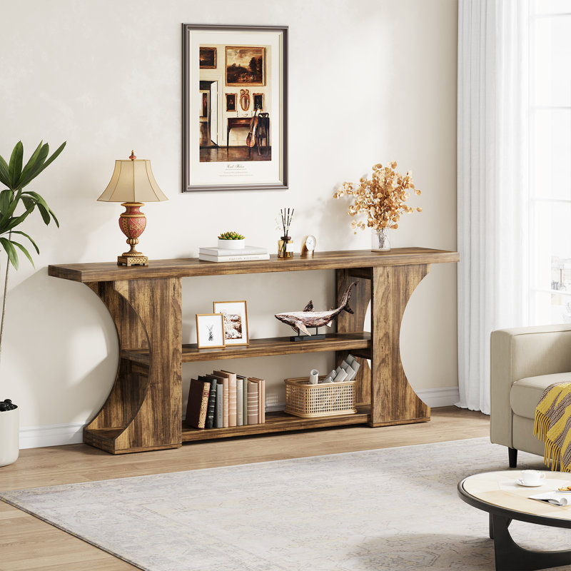 70.9" Extra Long Console Table, 3-Tier Farmhouse Sofa Table with Storage Shelves, Entryway & Behind Couch Table for Living Room, Hallway and Foyer, Brown Finish