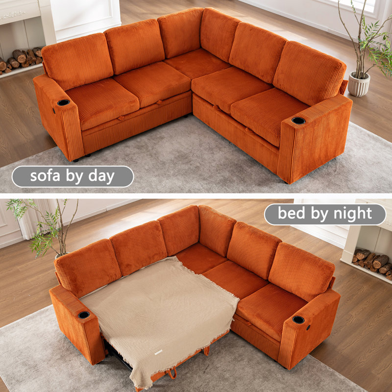 Canapé modulaire rembourré avec rangement, Velours côtelé orange