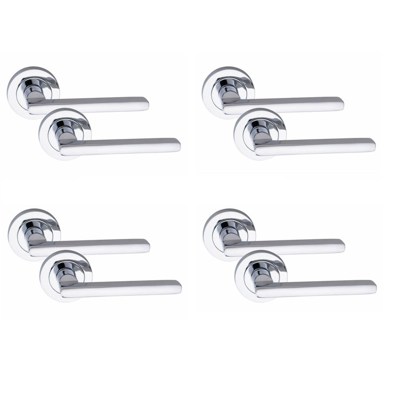 4 Pairs Leon Design Door Handles on Round Rose in Matt Black Finish with 2.5" Tubular Latch - 52mm Diameter, Polished Chrome