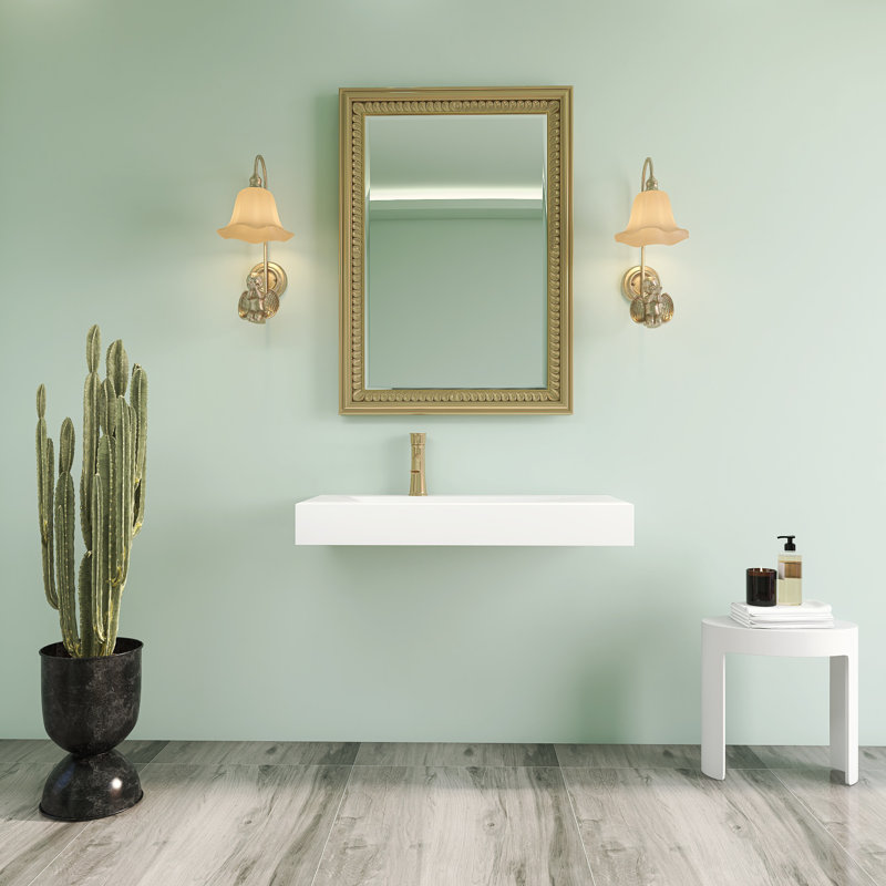35 po x 18 po Lavabo vasque de salle de bain mural à surface solide avec trou de robinet en blanc mat