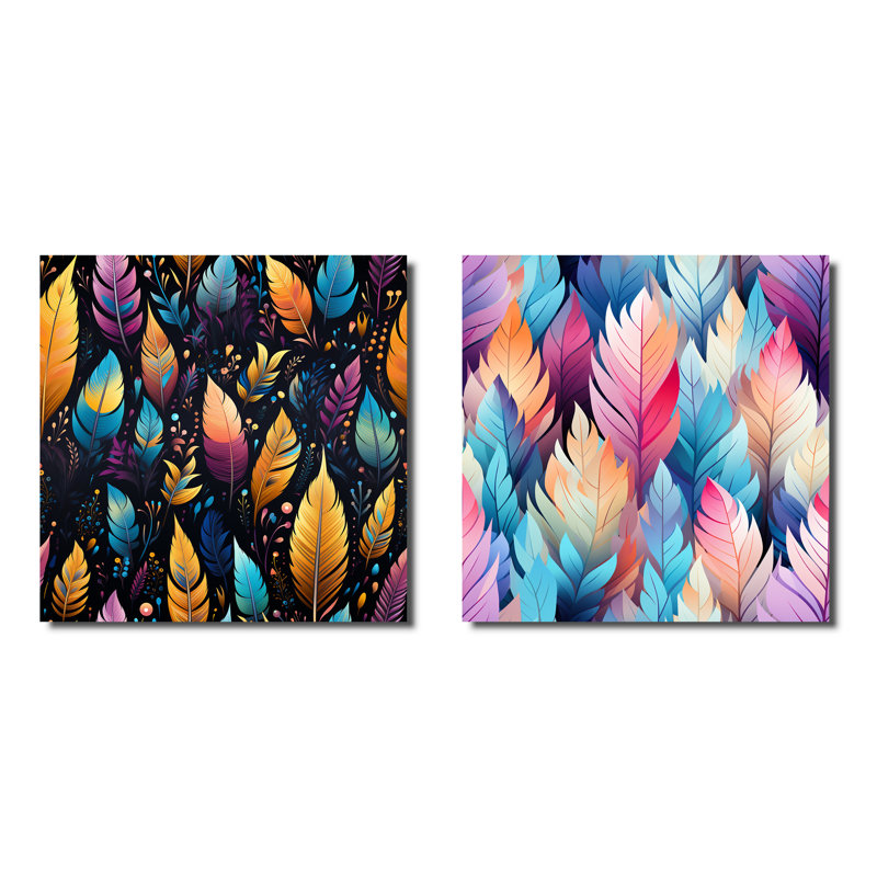 Tribal Dreamscape Feather Boho Motif III - Botanicals abstraits ensemble de collage carré, H 16 po x l 33 po, Toile tendue