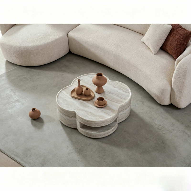 Table basse 31,5 po en forme de trèfle, fibre de verre imitation marbre avec rangement ouvert, table d'appoint sculpturale moderne pour le salon