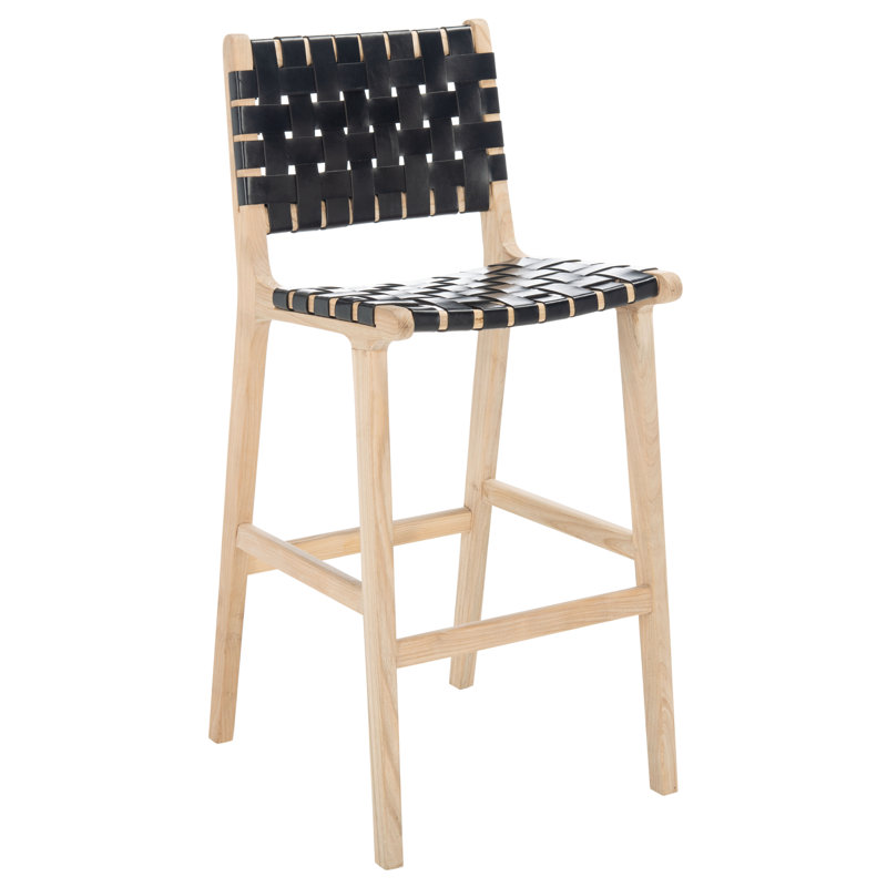 Tabouret Alston, Cuir noir / cadre naturel sans finition, Tabouret de bar (siège d'une hauteur de 29,70 po)