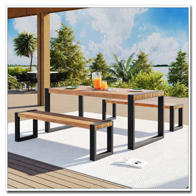 3-Piece Acacia Wood Dining Set with Steel Frame & Unique Wood Texture