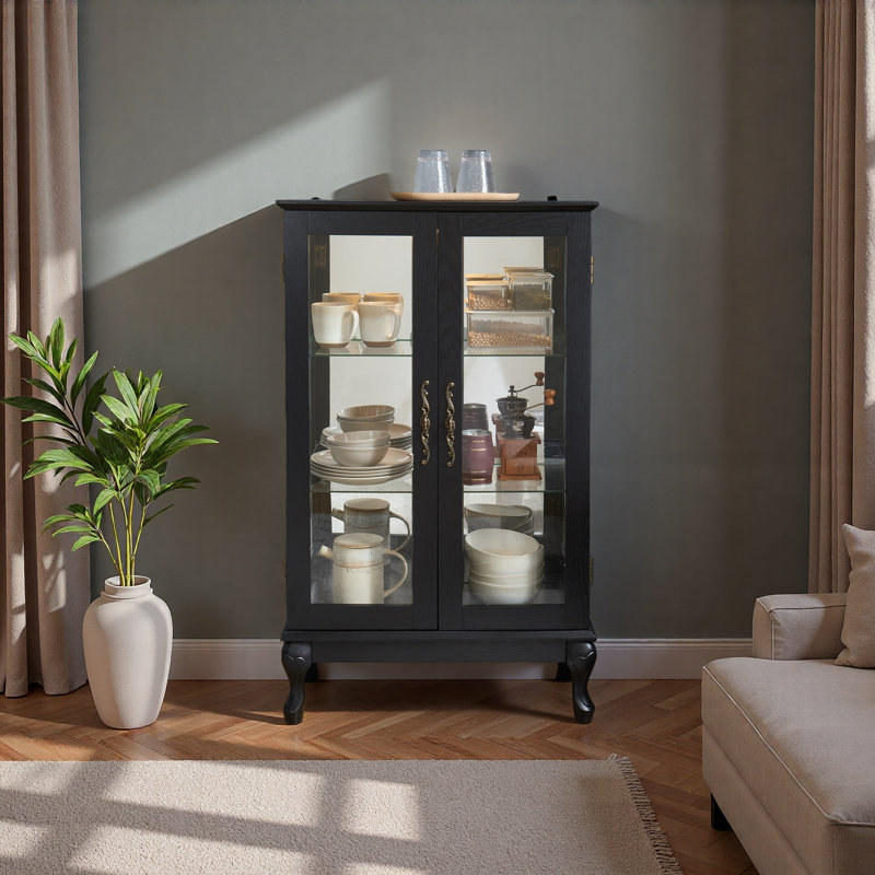 Vitrine avec portes en verre trempé, vitrine éclairée avec panneau arrière en miroir et tablettes réglables parfaites pour la maison ou le bureau (ampoule incluse)
