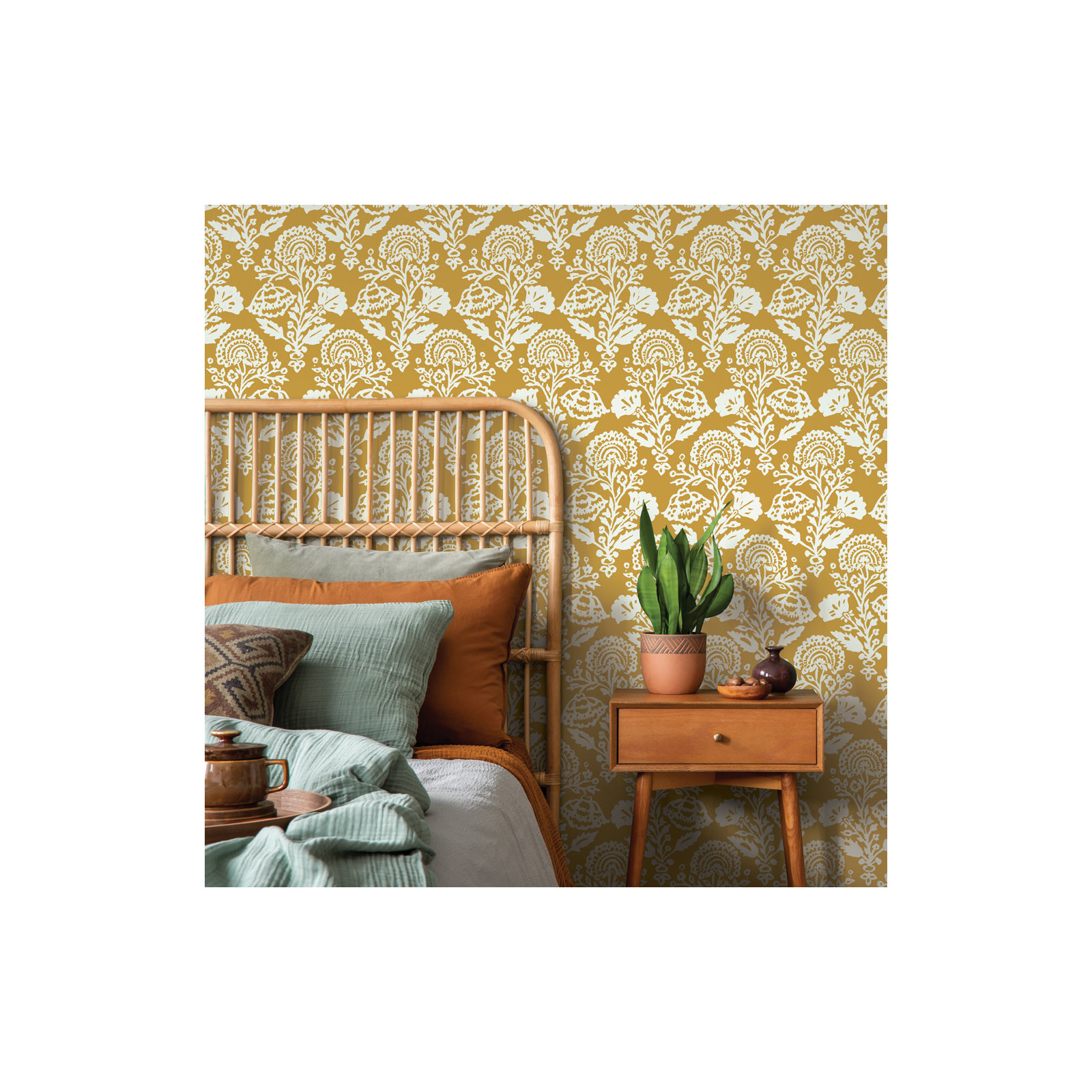 Floral Damask Peel and Stick Wallpaper, Yellow