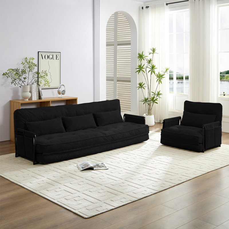 1+3 Piece Convertible Sofa Bed Set - Reclining & Sectional With 6-way Adjustable Backrests, Tufted Corded Fabric, Storage Pockets - Space-saving Living Room Solution