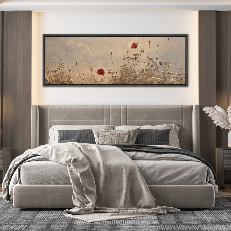 Coquelicots rouges dans un champ chaud sous une douce lumière du matin - reproduction d'art sur toile encadrée, Noir