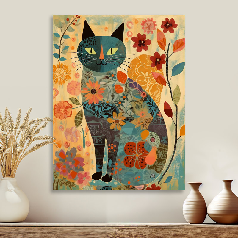 Boho Cat Flower Collage - Art mural chat, H 44 po x l 34 po x P 1,5 po, Toile tendue