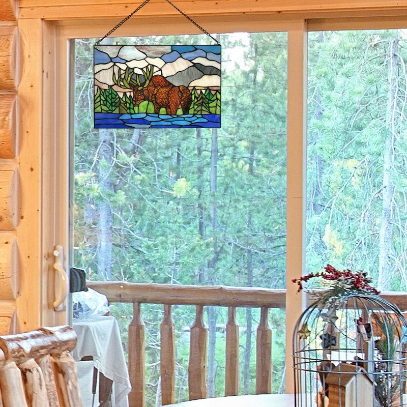 12"H Moose in Mountainscape Stained Glass Window Panel