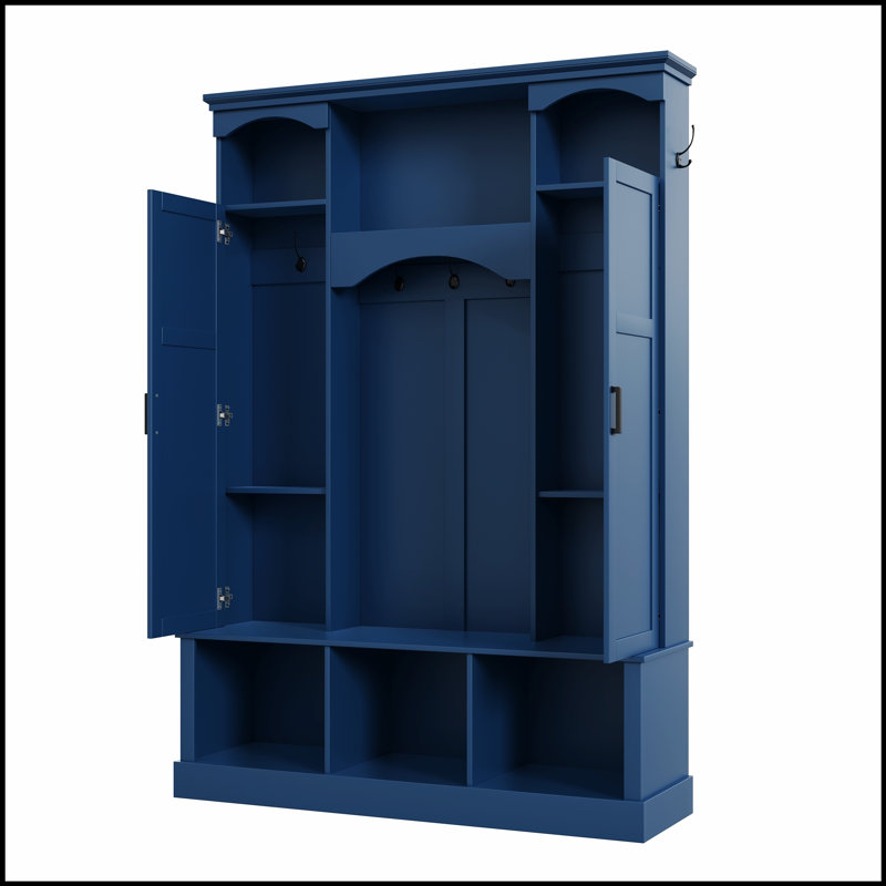 Portemanteau moderne tout-en-un avec tablettes réglables, banc de rangement de style campagnard arqué classique avec armoires latérales doubles, organisateur de hall d'entrée élégant avec 7 crochets pour vestibule, couloir