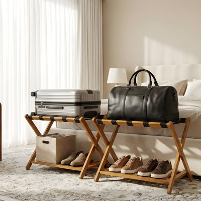 Ensemble de porte-bagages pliant en bambou 2 pièces avec tablette de rangement à 2 niveaux et support de valise compacte