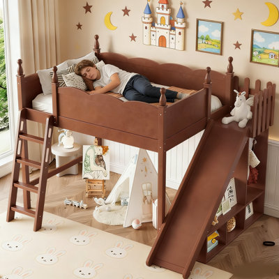 Full Loft Bed With Slide And Storage, Solid Wood Frame With Wardrobe And Safety Guardrails, No Box Spring Needed, Antique Natural Finish