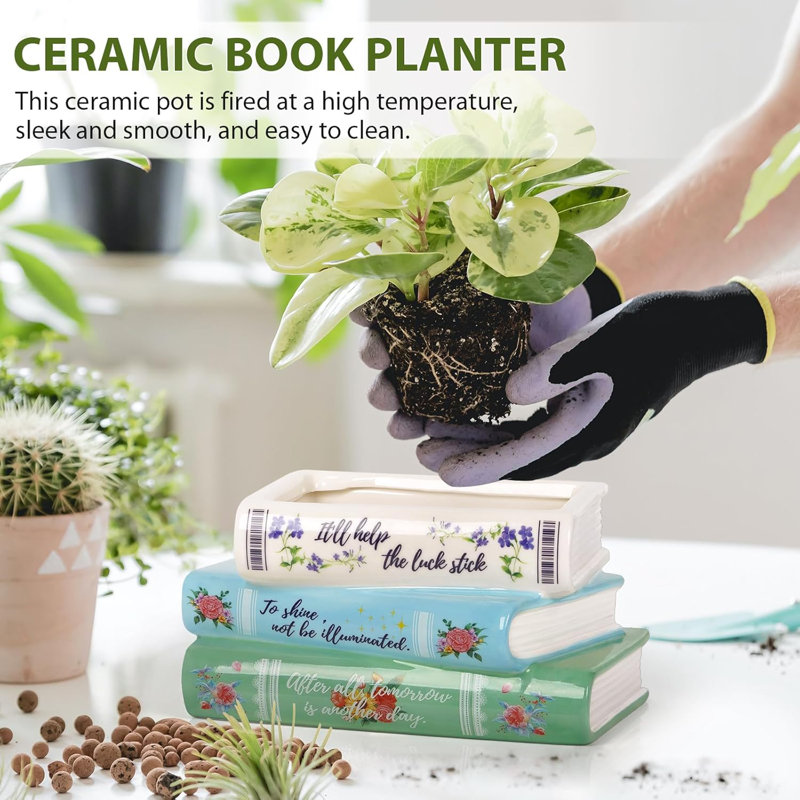 Pot à fleurs en forme de livre en céramique avec drainage