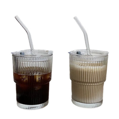 Tasse en verre avec couvercle et paille, 2 tasses à café de 13,5 oz, convenant pour les boissons chaudes et froides: bière, whisky, cappuccino, thé, lait, cola