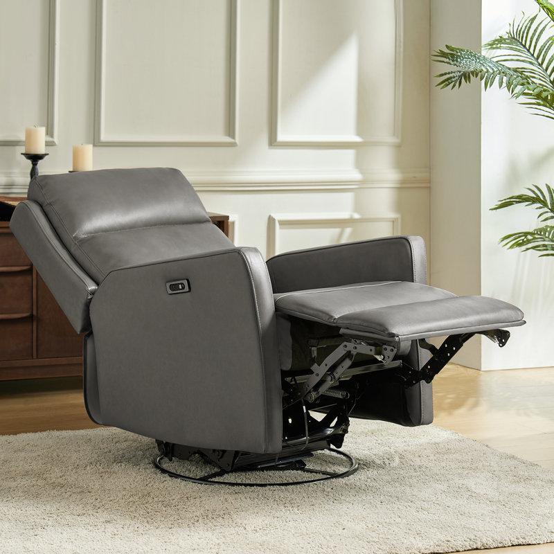 Nurbanu 29.5"W Transitional Genuine Leather Swivel Rocker Power Recliner with USB Ports, Gray
