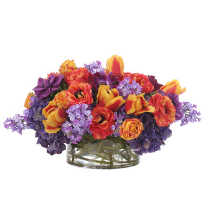 Hydrangea Ranunculus, Purple Orange, Glass Bowl, 24wx23dx12h