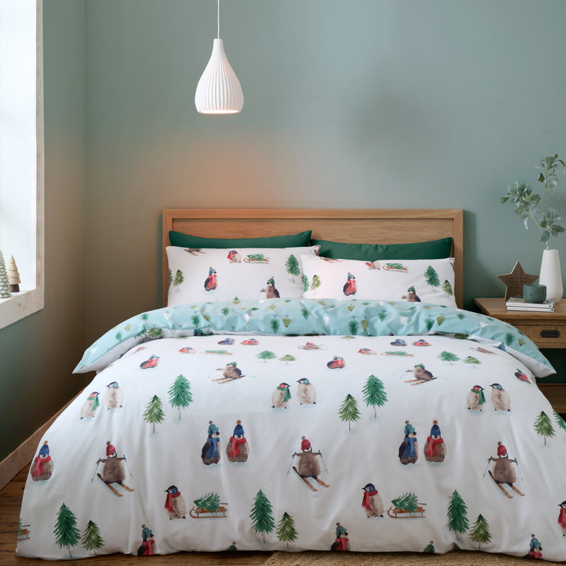 Brushed Snowy Penguin Cotton Reversible Duvet Cover Set, Double Duvet Cover + 2 Standard Pillowcases