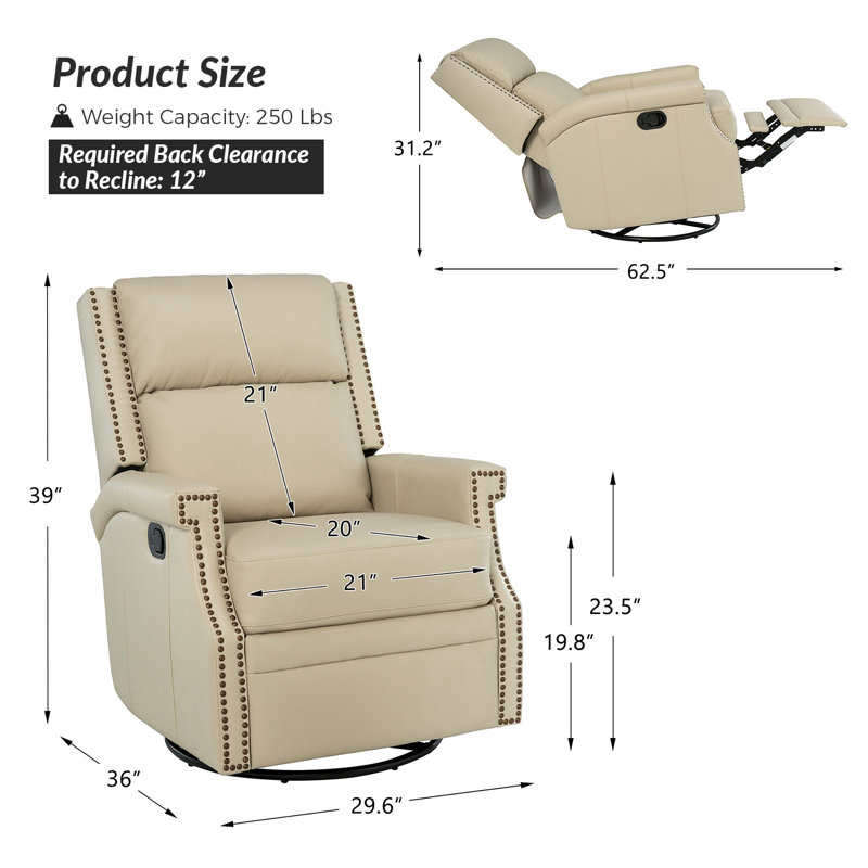 Manning 29.6" W Genuine Leather Swivel Glider Recliner, Beige Pebbled Genuine Leather