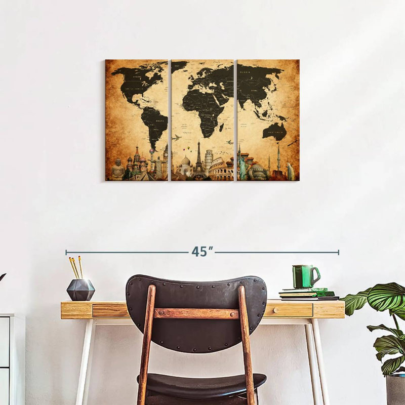 Carte du monde rétro, impression sur toile, H 33 po x l 20 po x P 1,25 po