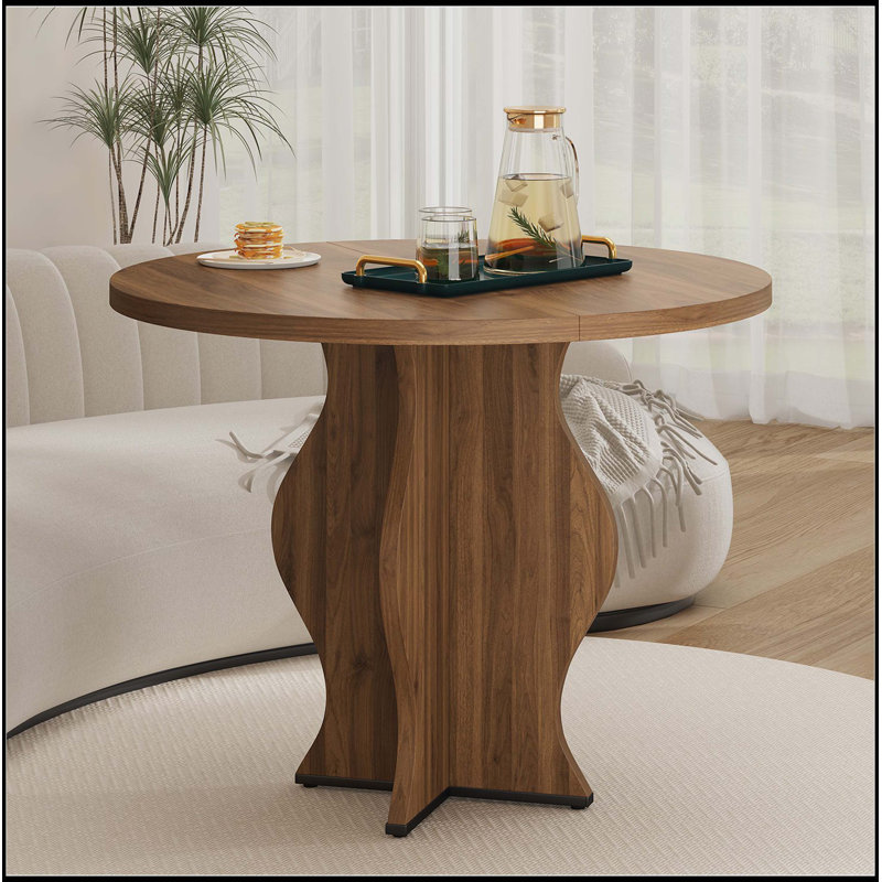 31.5 Inch Small Round Dining Table For 2, Walnut Farmhouse Round Kitchen Table, Wave Pedestal Base, Space-Saving Circle Dining Table For Apartment, Breakfast Nook, Dining Room