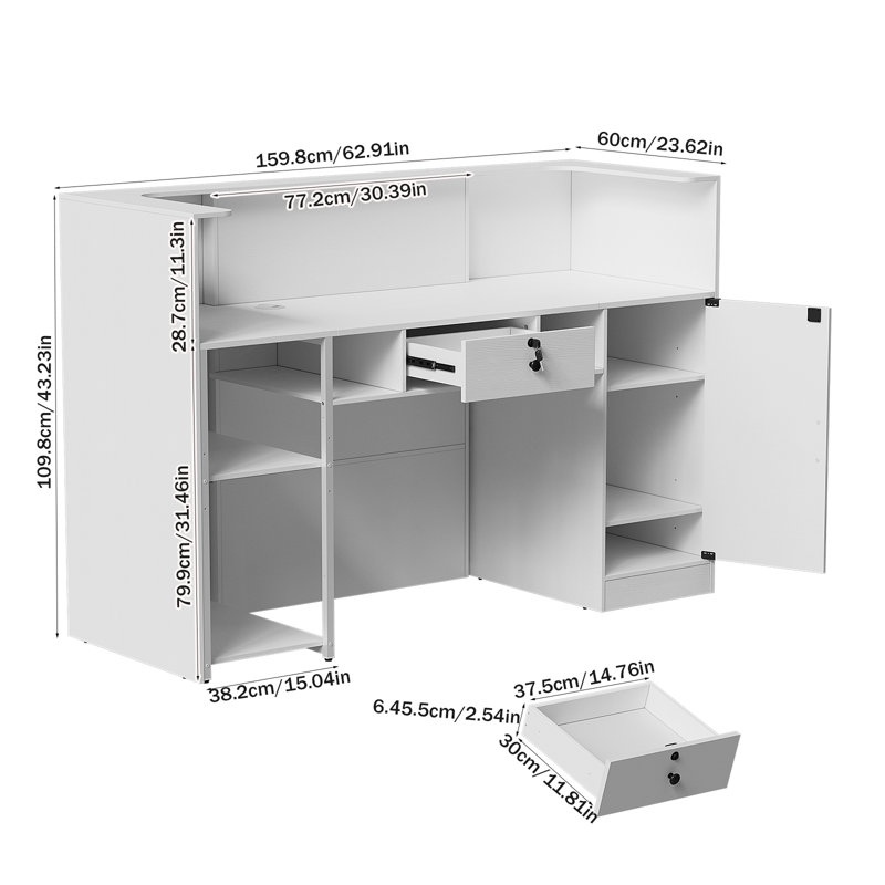 Corwynn 63'' W Rectangular Wood Reception Desk With Drawers And Cabinet, with LED Lights