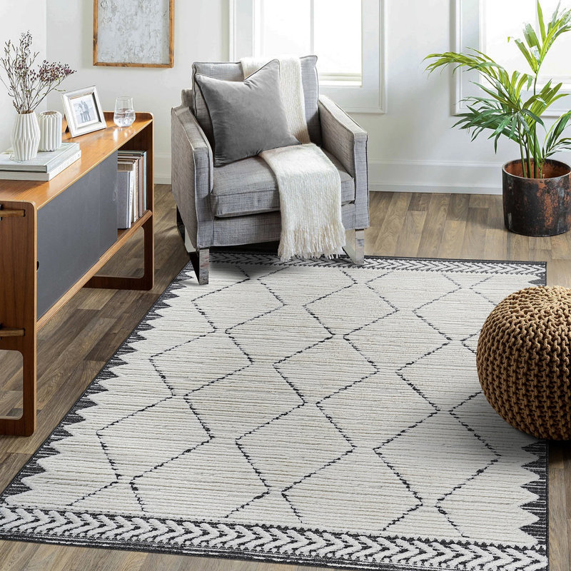 Step Collection High-Low Trellis Cream/Anthracite Indoor Area Rug, 6'7''X9', Modern, Contemporary, Geometric, Bohemian, Bedroom, Kitchen, Living Room, Non Shedding Carpet