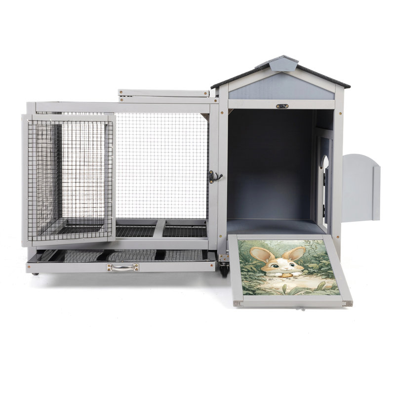Maison pour petits animaux en bois de pin avec toit, plateau amovible et imprimé élégant à double face, renfort de fil galvanisé ouvert pour animaux gris spacieux, roulement doux, motifs colorés