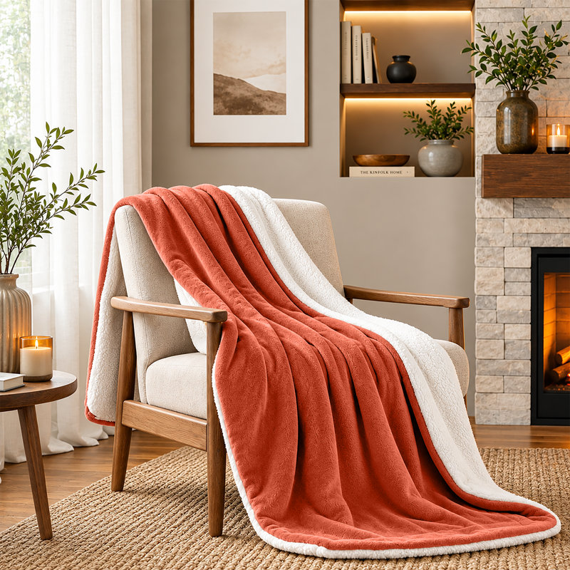 Sherpa Fleece Fur Thick Reversible Blanket Throw, 200cm x 240cm, Rust