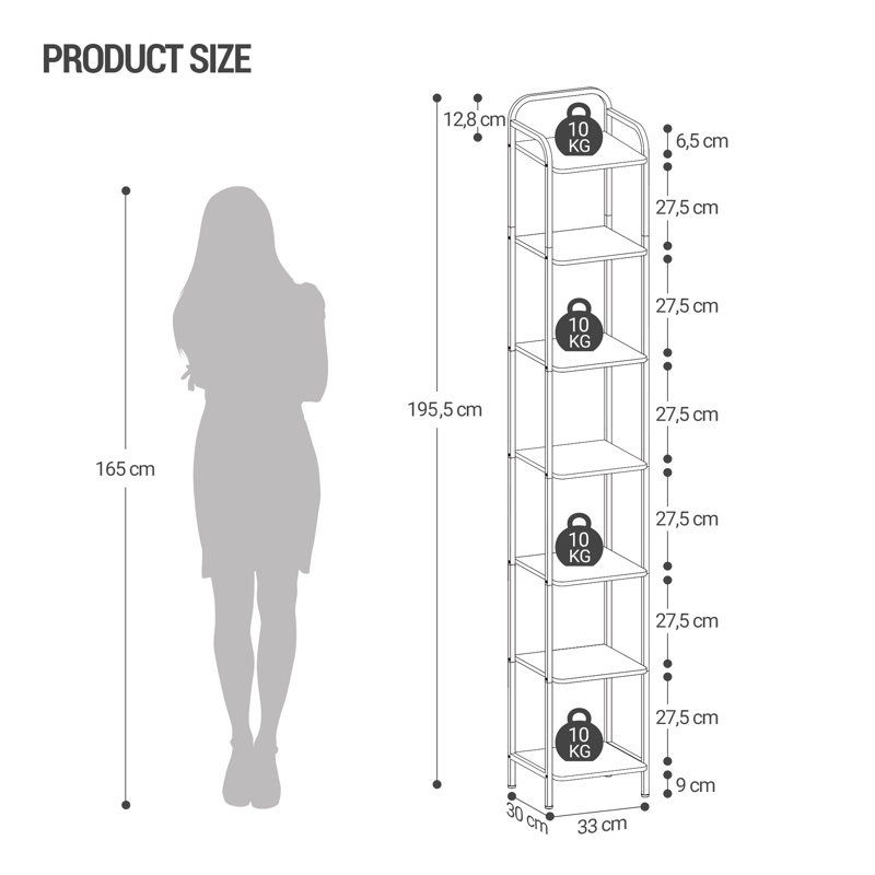 Bookcase Bookshelf, Narrow Tall Bookcase, Slim Wooden Shelving Unit for Bedroom, Living Room, Home Office, Sturdy 