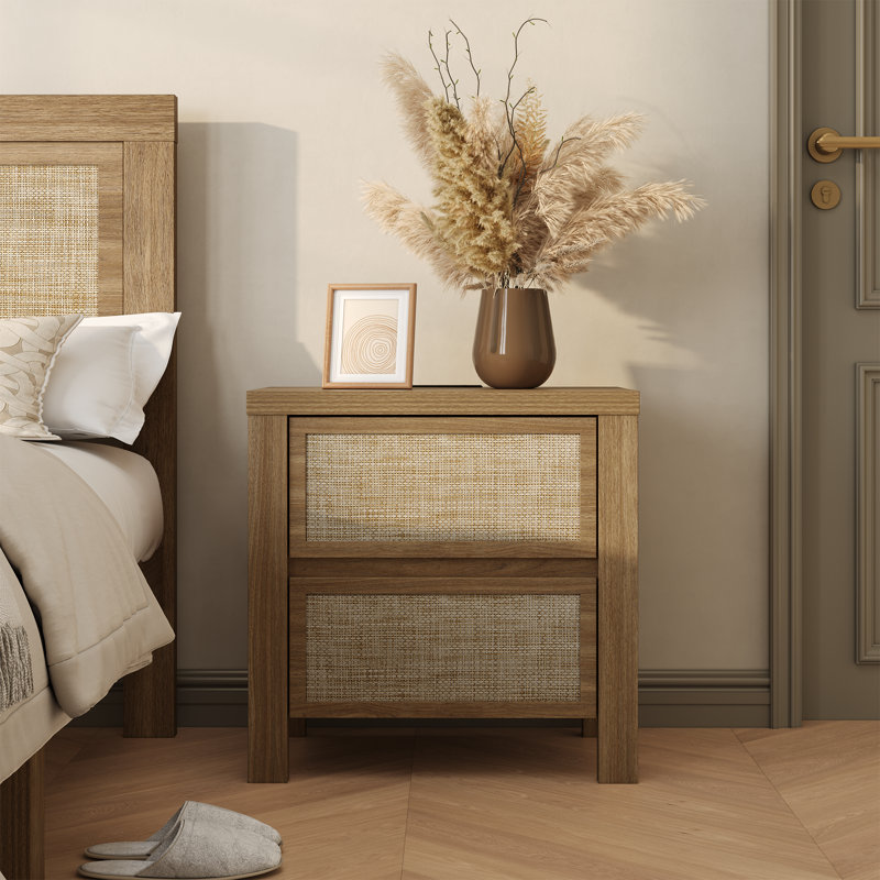 Retro Minimalism 2-drawer Nightstand With Charging Station, Light Brown