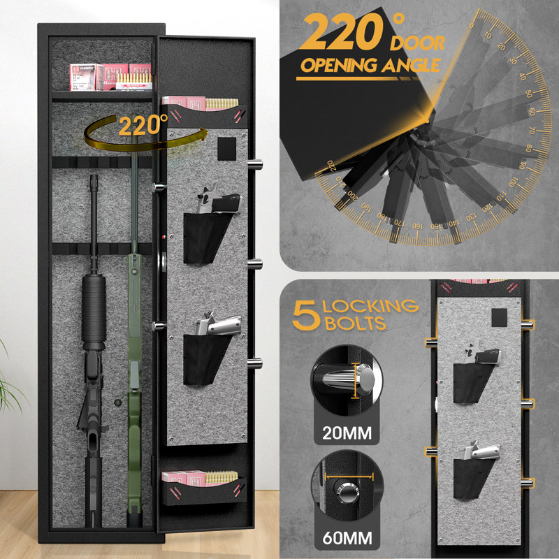 Coffre-fort pour armes à feu de 51,97 po plus grand et plus profond avec tablette amovible et 2 fentes pour armes à feu réglables, coffre-fort à fusil à accès rapide avec mode silencieux et système d’alarme, armoire à fusil longue pour fusils et pistolets
