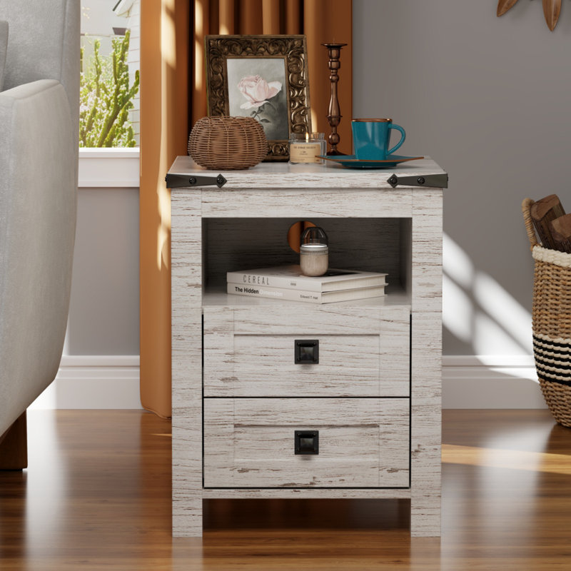 Farmhouse End Table With 2 USB Ports, 2 Power Outlets, Vintage White