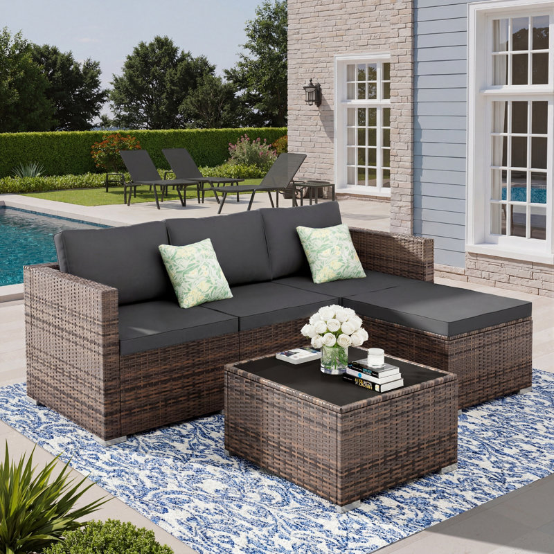 5 Pieces Patio Conversation Sets Outdoor Sectional Sofas 4-Person Seating Group With Cushions Gray, Brown, Gray