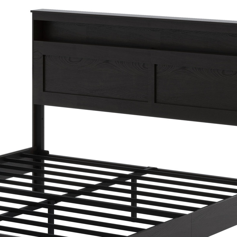 Structure de lit plateforme en bois avec tête de lit à DEL et USB, Noir foncé, Grand lit