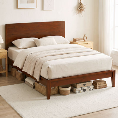 Base de lit plateforme grand en bambou avec tête de lit haute, base de lit avec 12 lattes en peuplier, aucun sommier requis, assemblage facile, brun